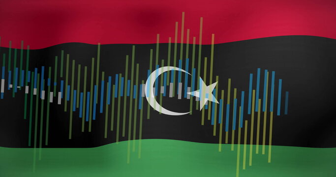 Naklejki Image of graphs and processing data over flag of libya