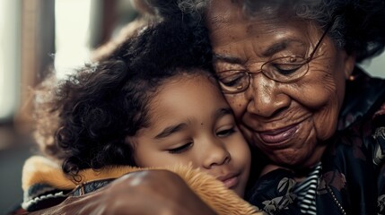 A wishing woman hugs her granddaughter. Senior Citizens Day photo.