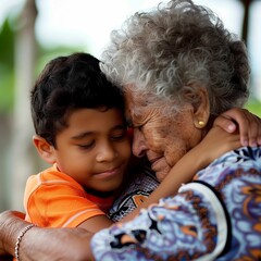 woman hugging her grandson. Senior citizens day photo.