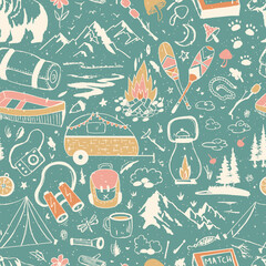 Camping Life Adventure Sketched Vector Seamless Pattern