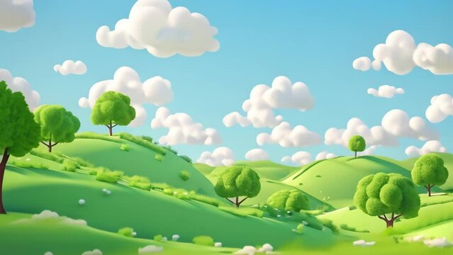 3D animated of green landscape with mountain and clouds footage