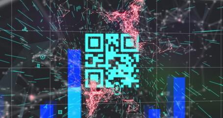 Image of a blue QR code over a red web of connection, blue graph appearing and a blue world map over