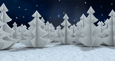 Fototapeta premium Snowflakes falling over multiple trees on winter landscape against blue shining stars in night sky