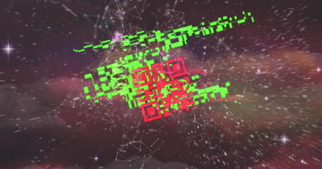 Naklejka premium Image of a colourful QR code with a web of connection over a space cloud and a galaxy
