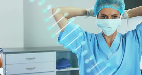 Image of caucasian female doctor with face mask over dna strand