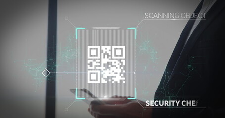 Man uses smartphone to scan QR code with digital connections overlay.