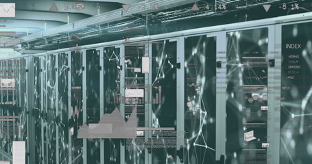 Digital composite image depicts a room with screens showing graphs and web connections.