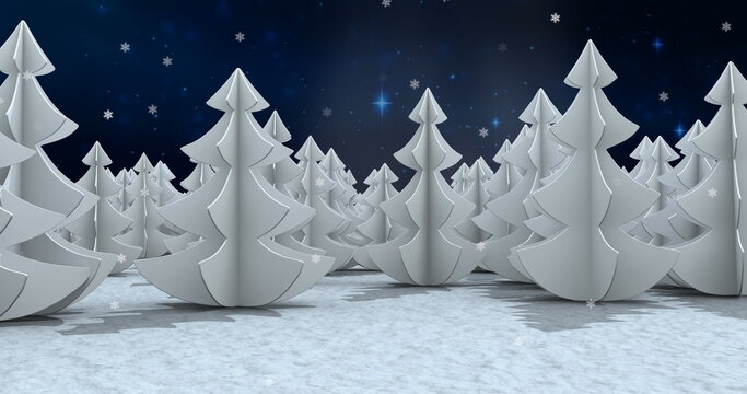 Naklejki Snowflakes falling over multiple trees on winter landscape against blue shining stars in night sky