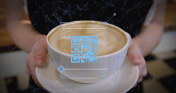 Blue QR code connects digitally over woman with coffee. - Powered by Adobe
