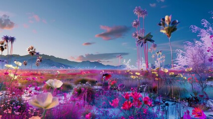 Abstract field with colorful flowers, palm trees and mountains, in a futuristic aesthetic, light purple and sky blue, neon aesthetic. 