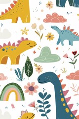 Obraz premium Colorful cartoon dinosaurs in a whimsical landscape. This vibrant image showcases playful cartoon dinosaurs in a variety of colors, surrounded by whimsical flora and other cute elements