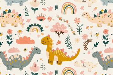 Obraz premium Colorful cartoon dinosaurs in a whimsical landscape. This vibrant image showcases playful cartoon dinosaurs in a variety of colors, surrounded by whimsical flora and other cute elements