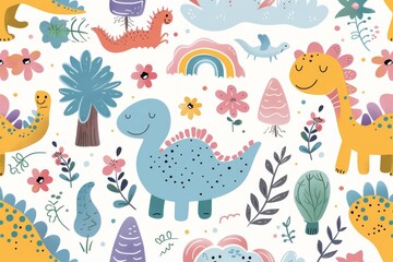 Colorful cartoon dinosaurs in a whimsical landscape. This vibrant image showcases playful cartoon dinosaurs in a variety of colors, surrounded by whimsical flora and other cute elements