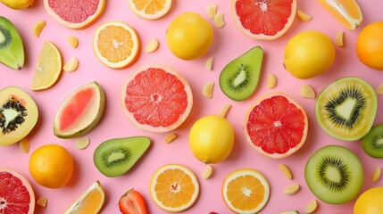 A pastel background with a pattern of vibrant fruits. Combination of raw, fresh tropical fruit - obrazy, fototapety, plakaty