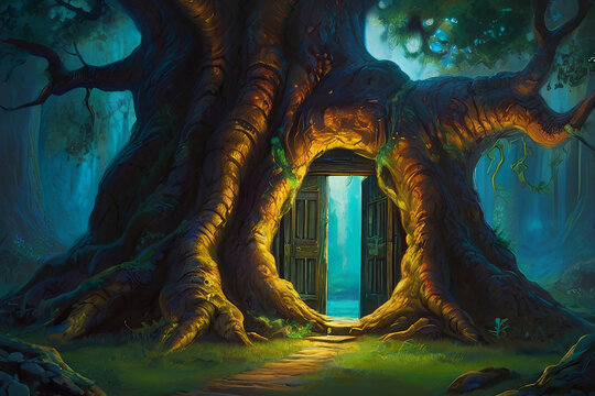 Ancient tree painting. Glowing doorway in trunk leads to luminous, enchanted realm. Surreal and mystical artwork