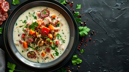 Close-up of Polish white borscht on a table, accompanied by vegetables, bacon, smoked sausage, and dried mushrooms. top view from above, vertical
