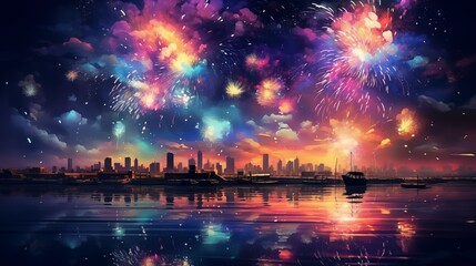 Fototapeta na wymiar Bright fireworks light up the night sky