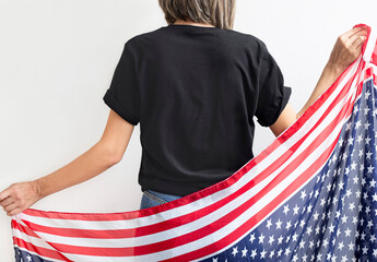 4th of July USA Independence Day , Girl Back black  t shirt mock up. Copy space blank back t-shirt...
