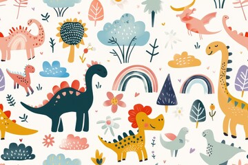 Obraz premium Colorful cartoon dinosaurs in a whimsical landscape. This vibrant image showcases playful cartoon dinosaurs in a variety of colors, surrounded by whimsical flora and other cute elements