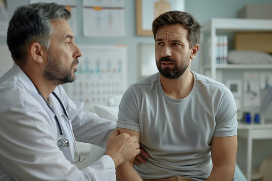 Doctor having a reassuring discussion with male patient in clinic. Health consultation and trust concept. Design for healthcare services, brochure