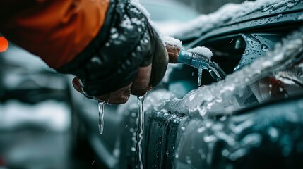 Adding winter washer fluid to the automobile reservoir in the winter to prevent freezing - obrazy, fototapety, plakaty