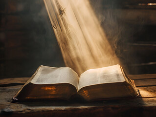 The sacred pages of the Bible unfurl in divine light, emanating a spiritual aura - obrazy, fototapety, plakaty