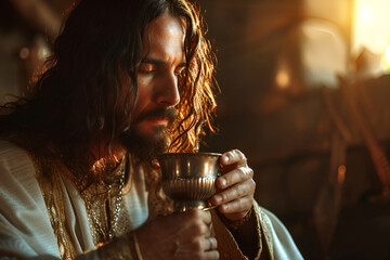 Jesus Christ holds the sacred cup, the sacrament of the holy communion shared among believers