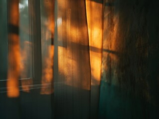 A cozy room bathed in warm sunset light casting shadows and textures on a curtain and wall.
