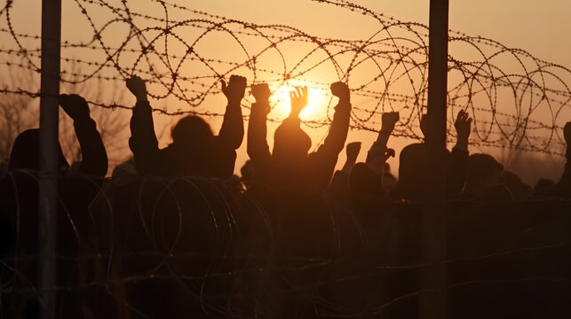 Silhouettes of people raising fists behind barbed wire at sunset. Freedom and protest concept. Design for human rights campaign, poster