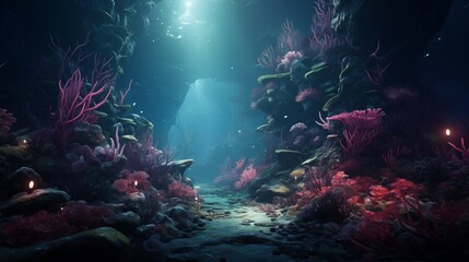 Fototapeta na wymiar An underwater cave with coral reefs