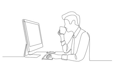 Continuous one line drawing of businessman drinking coffee and looking at work on pc screen, office working concept, single line art.