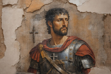 Alte Wand als Leinwand mit römischen Soldaten zur Zeit Jesus Christus. Der Putz bröckelt ab, das Porträt ist wie die Wand rissig und schmutzig. - obrazy, fototapety, plakaty