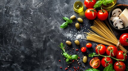 Vine tomatoes, basil, pasta, mushrooms, olives, parmesan, olive oil, garlic, peppercorns, rosemary, parsley, and thyme are some of the ingredients in Italian cuisine. slate background.