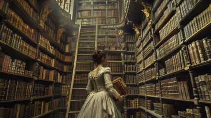 A woman elegantly stands in a library, wearing a white dress and surrounded by shelves filled with books.