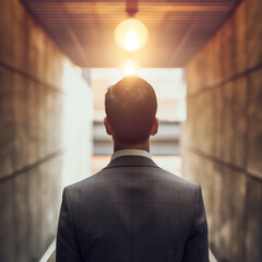 Rear view of a businessman in a sharp suit standing confidently, bathed in the warm glow of...