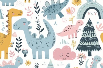 Naklejka premium Colorful cartoon dinosaurs in a whimsical landscape. This vibrant image showcases playful cartoon dinosaurs in a variety of colors, surrounded by whimsical flora and other cute elements