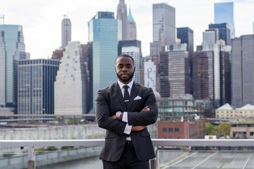 Fototapeta na wymiar african Man in a suit standing in front of a city skyline, Modern city skyline