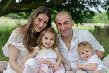 Family with beautiful babys having a picnic on the meadow in nature, countryside view
