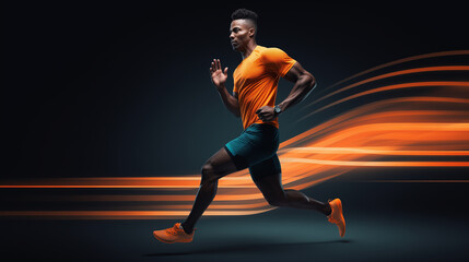 Fototapeta na wymiar Speed Demon: sporty guy races forward with fiery orange trail, embodying strength and agility