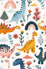 Colorful cartoon dinosaurs in a whimsical landscape. This vibrant image showcases playful cartoon dinosaurs in a variety of colors, surrounded by whimsical flora and other cute elements