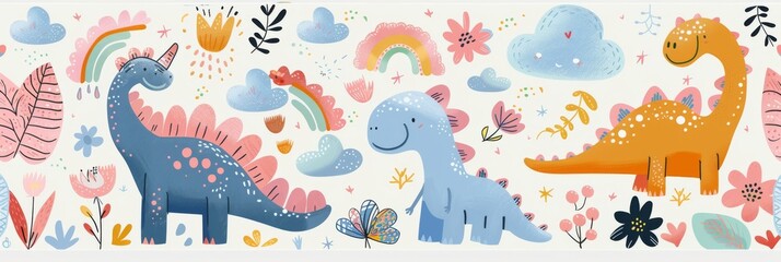 Fototapeta premium Colorful cartoon dinosaurs in a whimsical landscape. This vibrant image showcases playful cartoon dinosaurs in a variety of colors, surrounded by whimsical flora and other cute elements
