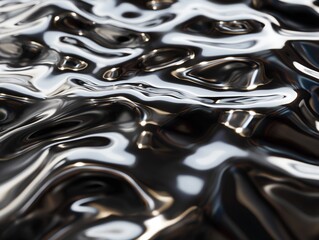 Fluid dark metallic texture with reflections and undulating patterns.