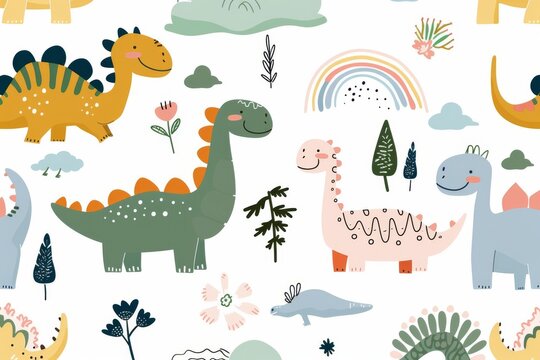 Colorful cartoon dinosaurs in a whimsical landscape. This vibrant image showcases playful cartoon dinosaurs in a variety of colors, surrounded by whimsical flora and other cute elements