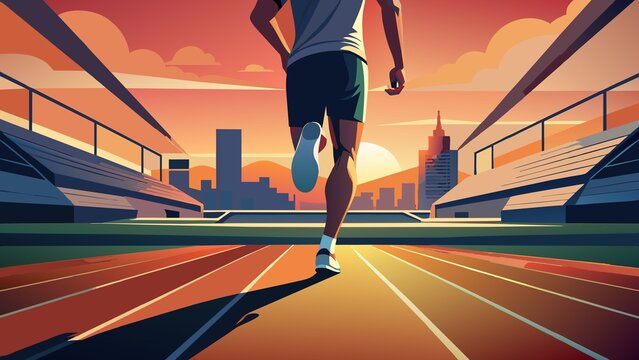 Flat illustation. Back view. a man runs through the stadium. Close angle focused on the leg. ultra-realistic photo. Against the backdrop of sunset