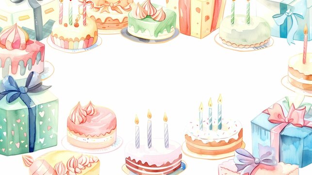 Watercolor background with a blank space in the middle with illustrations of gifts, balloons and desserts for a birthday card. Cute illustrations with simple shapes in pastel colors.