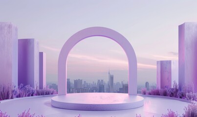 lilac podium product display with modern city skyline