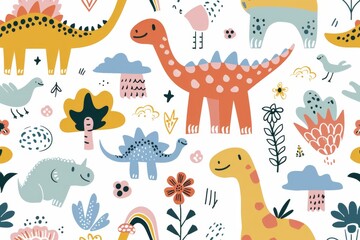 Obraz premium Colorful cartoon dinosaurs in a whimsical landscape. This vibrant image showcases playful cartoon dinosaurs in a variety of colors, surrounded by whimsical flora and other cute elements