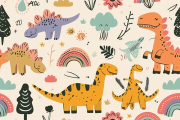 Obraz premium Colorful cartoon dinosaurs in a whimsical landscape. This vibrant image showcases playful cartoon dinosaurs in a variety of colors, surrounded by whimsical flora and other cute elements