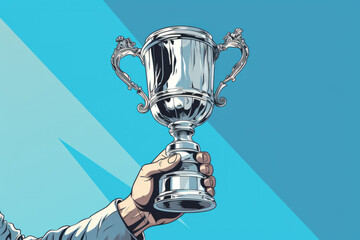 Illustration of holding trophy in hand celebrating victory