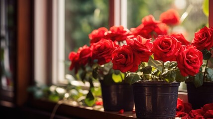 Fototapeta na wymiar A bush of red roses in a pot on the windowsill. Floral decoration of the house.